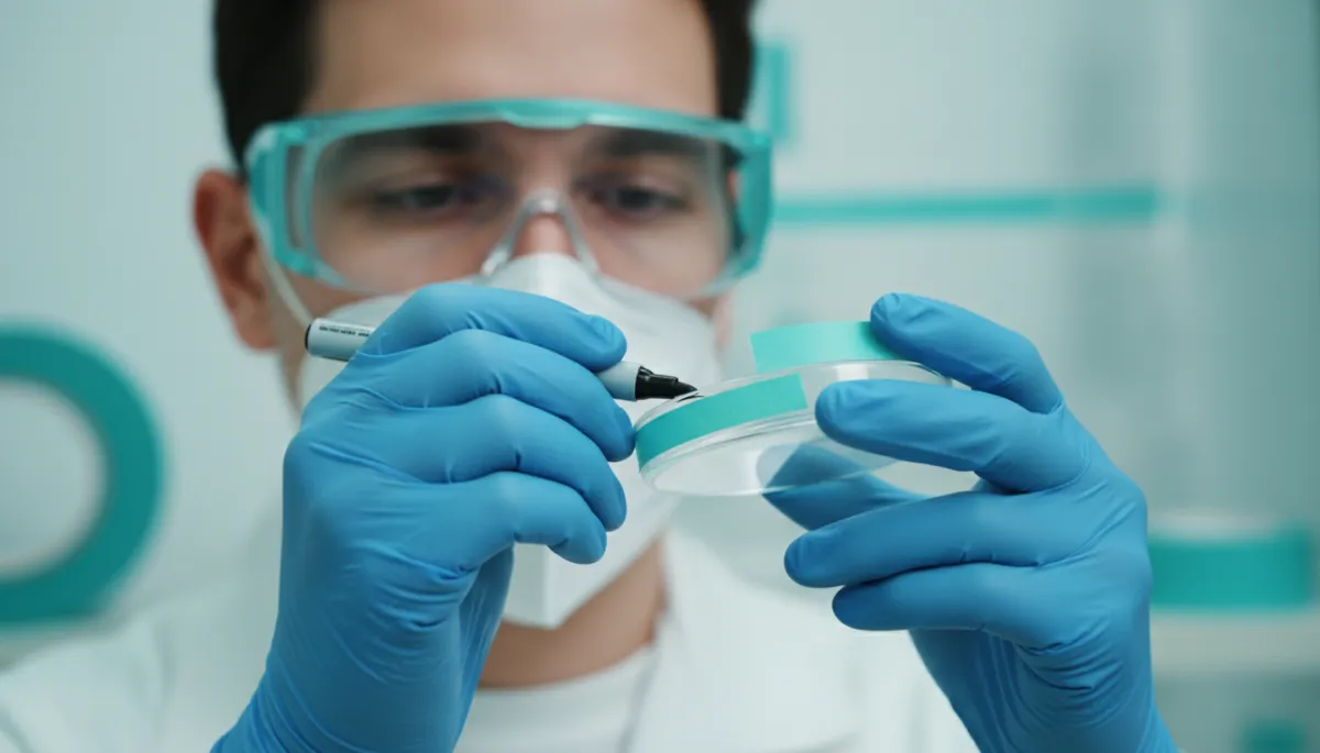 Photorealistic close-up of gloved hands labeling a Petri dish in a home lab