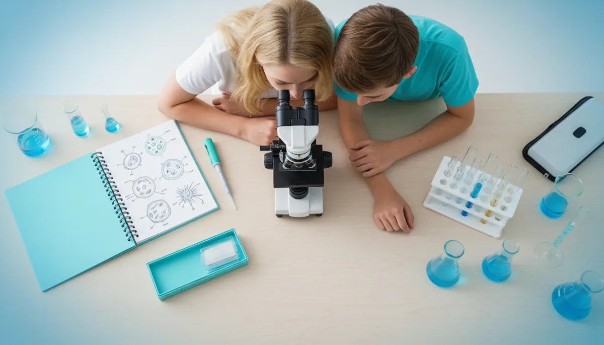 Photorealistic parent and teen working together at a home biology lab