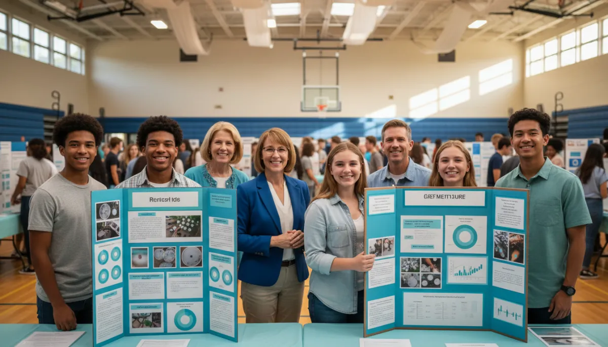Students presenting DIY biohacking projects at a school science fair