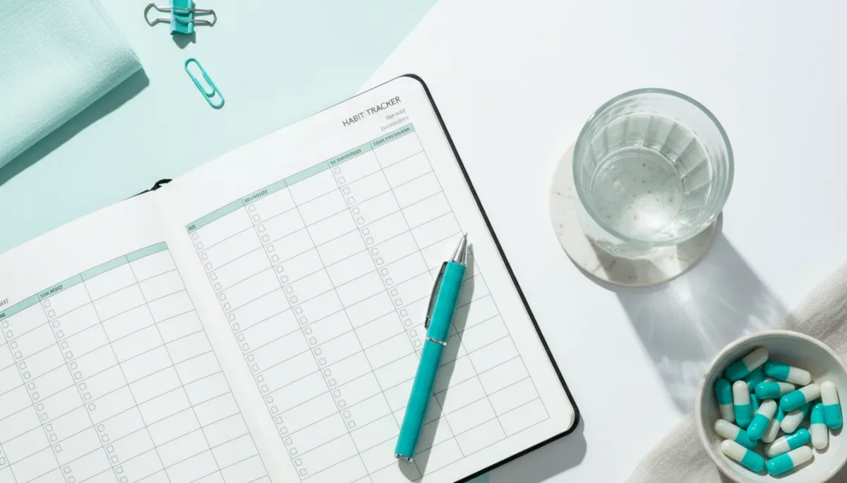 Modern clean journal and supplements arranged on a white desk Modern clean journal and supplements arranged on a white desk