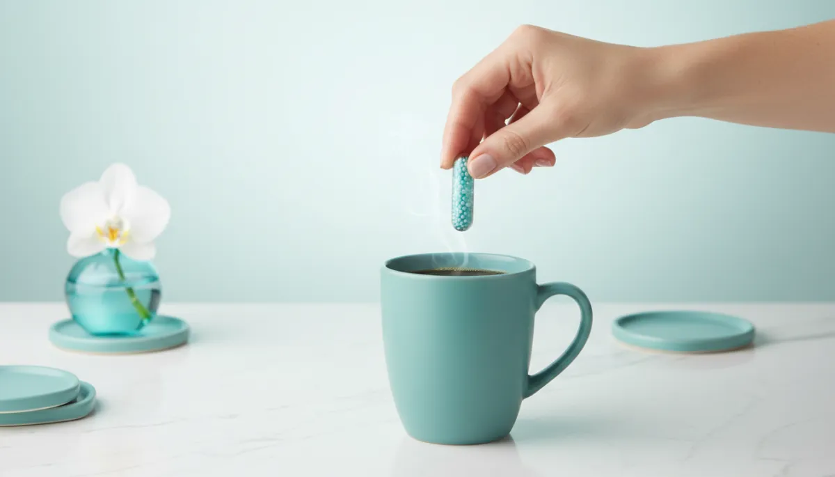 Hand holding a capsule beside a teal coffee mug Hand holding a capsule beside a teal coffee mug
