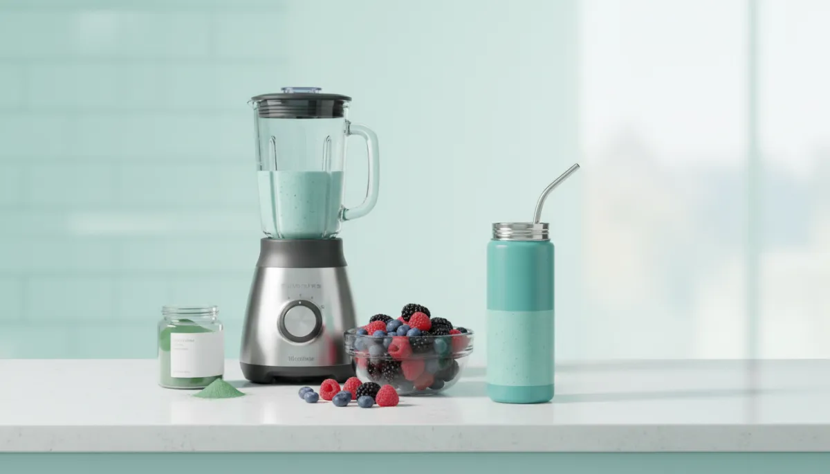 Smoothie ingredients and teal bottle arranged on a clean counter Smoothie ingredients and teal bottle arranged on a clean counter