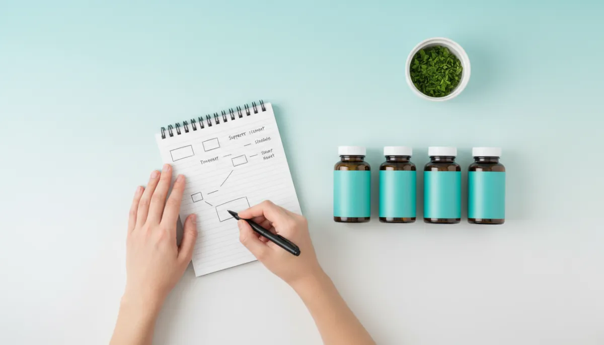 Person planning a simple supplement routine at a clean desk Person planning a simple supplement routine at a clean desk