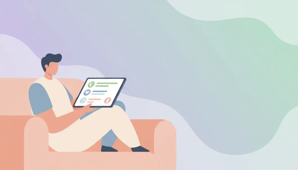 Minimal flat pastel illustration of a person reviewing health graphs on a tablet Minimal flat pastel illustration of a person reviewing health graphs on a tablet