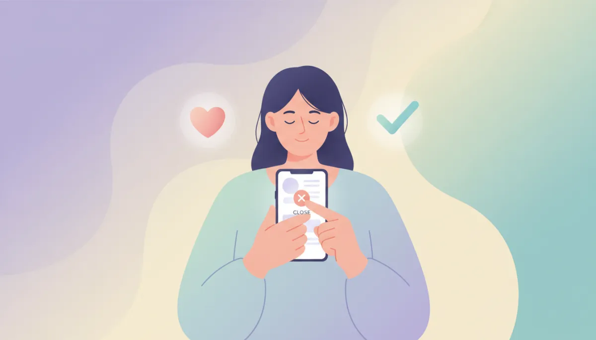 Minimal flat pastel illustration of a person calmly closing a health tracking app Minimal flat pastel illustration of a person calmly closing a health tracking app