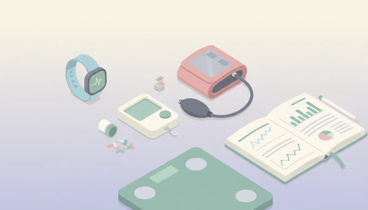 Minimal flat pastel illustration of at-home health tracking tools laid out on a table Minimal flat pastel illustration of at-home health tracking tools laid out on a table