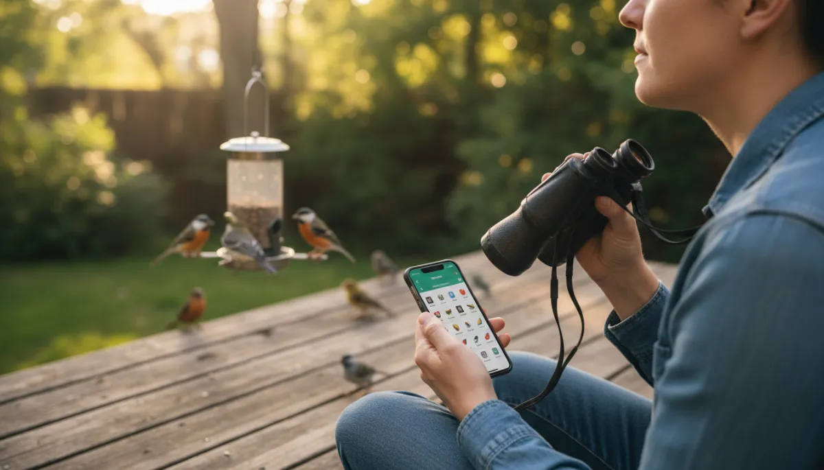 Person recording backyard bird sightings on a smartphone