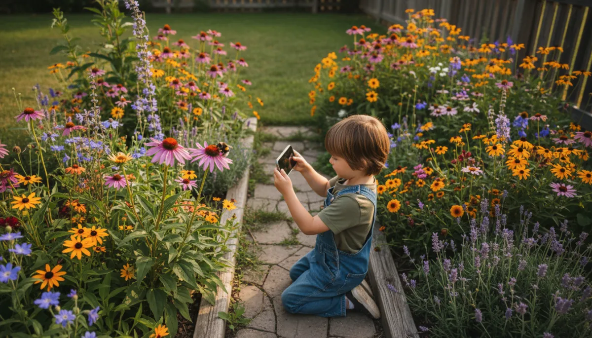 Child photographing pollinators in a backyard garden