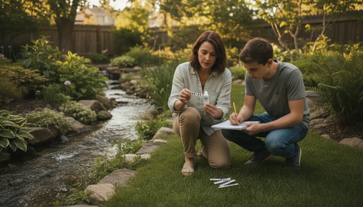 Family testing the quality of water in a nearby stream