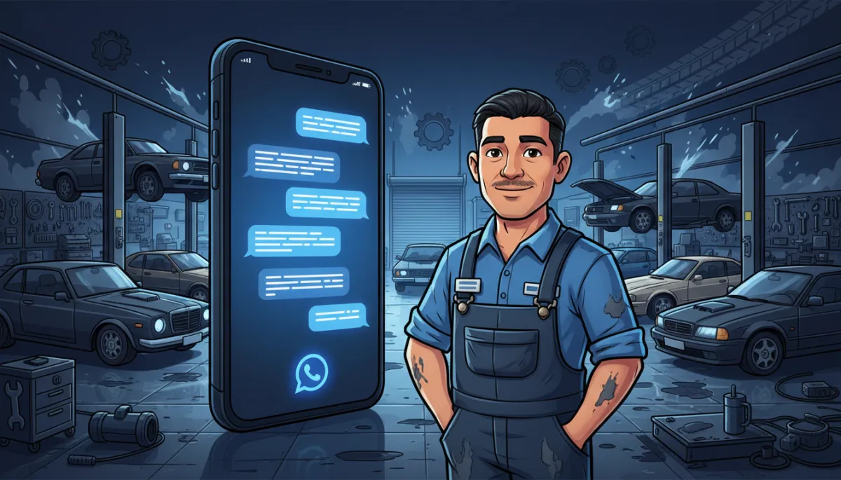ilustración cartoon profesional de un dueño de taller mecánico latino mirando autos en el taller mientras un gran celular con pantalla de WhatsApp responde mensajes automáticamente, colores azul intenso, negro y gris