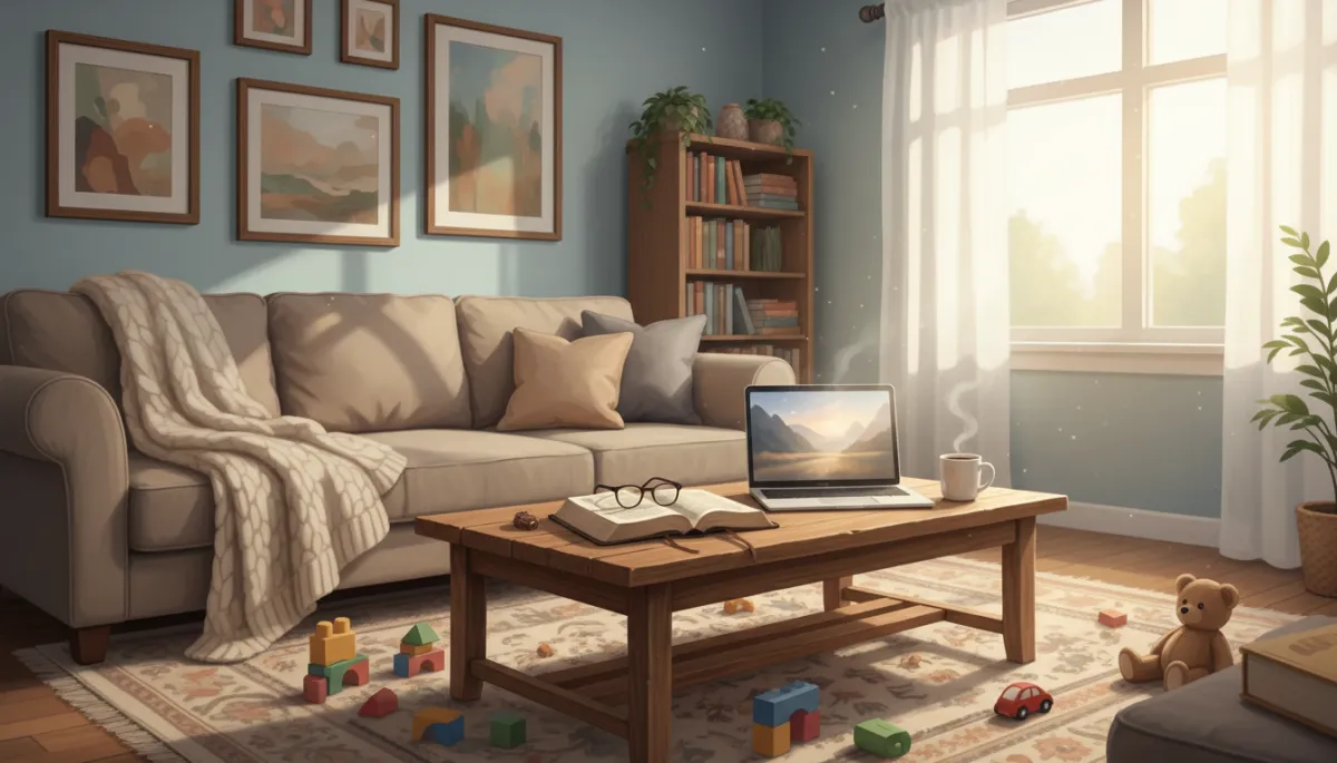 A photorealistic image of a cozy, lived-in family room during daylight hours. The scene includes a coffee table at the center, displaying an open Bible, a pair of reading glasses, a coffee mug, and a sleek laptop. Scattered nearby are a few children's toys and a soft throw blanket draped over a sofa, subtly suggesting the presence of family life. Gentle natural light filters in through a nearby window, creating a warm, inviting atmosphere. The room is tidy but clearly used, symbolizing the balance of strength and dignity in everyday, real-life moments grounded in faith.