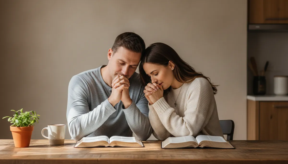 Christian couple praying together with open Bibles at a table Christian couple praying together with open Bibles at a table