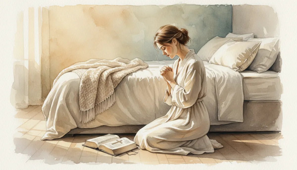 Mother praying beside her bed with an open Bible nearby Mother praying beside her bed with an open Bible nearby