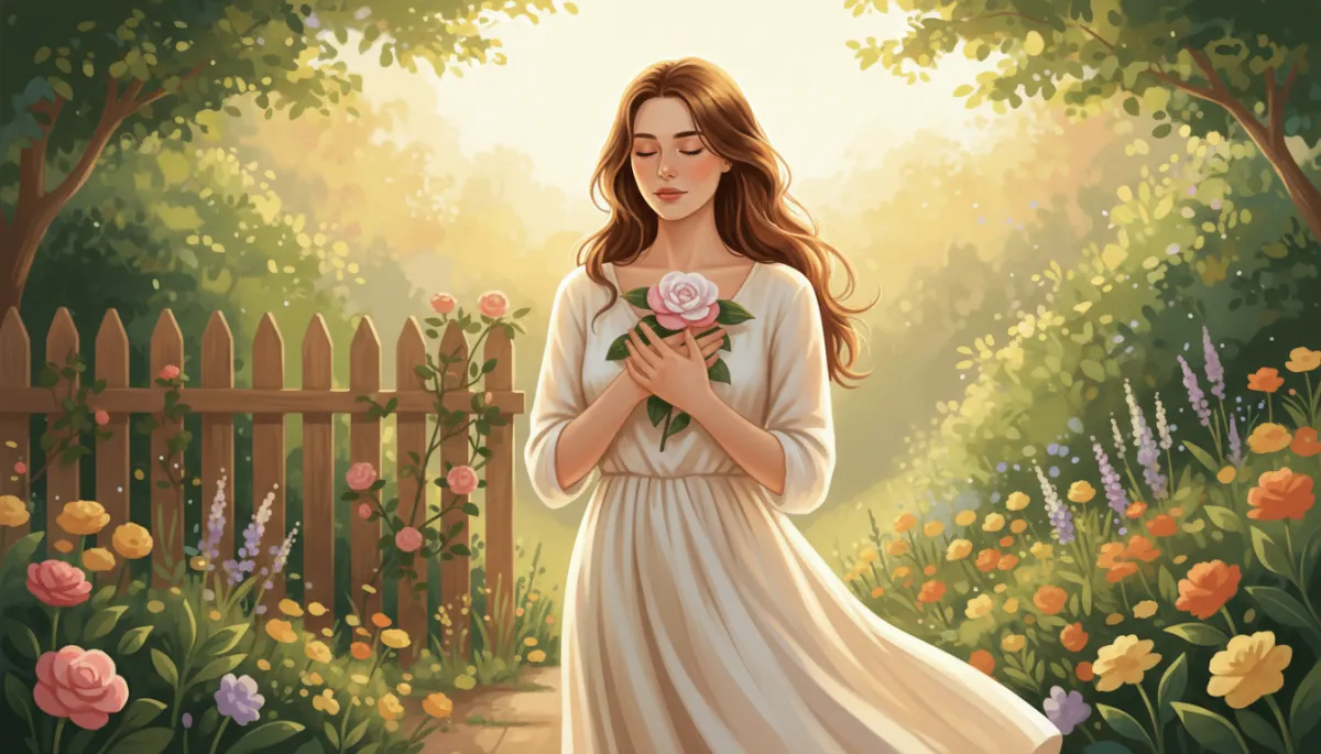 A photorealistic image of a young woman standing in a sunlit garden, gently holding a blooming flower close to her chest with both hands. Her eyes are closed in peaceful reflection, symbolizing inner strength and vulnerability. In the background, a subtle, softly blurred fence suggests healthy boundaries, while the vibrant greenery and warm light evoke hope and spiritual growth. The overall mood is serene and contemplative, visually representing the balance between guarding the heart and remaining open, inspired by Proverbs 4:23. A photorealistic image of a young woman standing in a sunlit garden, gently holding a blooming flower close to her chest with both hands. Her eyes are closed in peaceful reflection, symbolizing inner strength and vulnerability. In the background, a subtle, softly blurred fence suggests healthy boundaries, while the vibrant greenery and warm light evoke hope and spiritual growth. The overall mood is serene and contemplative, visually representing the balance between guarding the heart and remaining open, inspired by Proverbs 4:23.