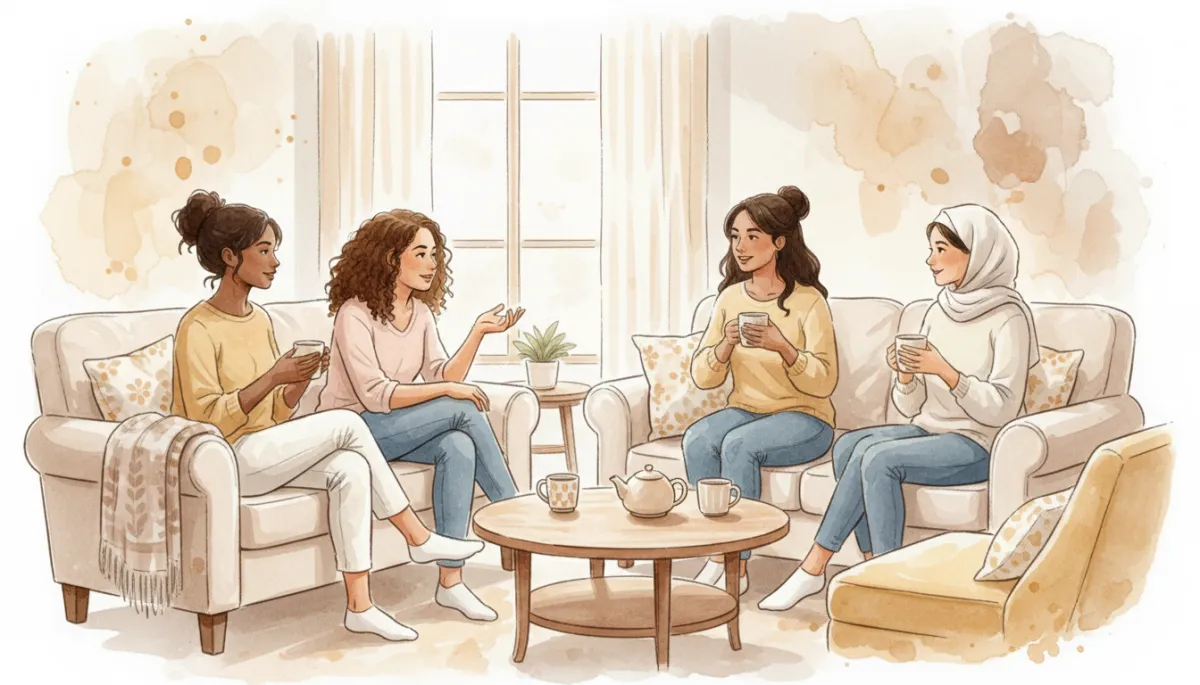 Women gathered in a cozy living room, talking and supporting each other Women gathered in a cozy living room, talking and supporting each other