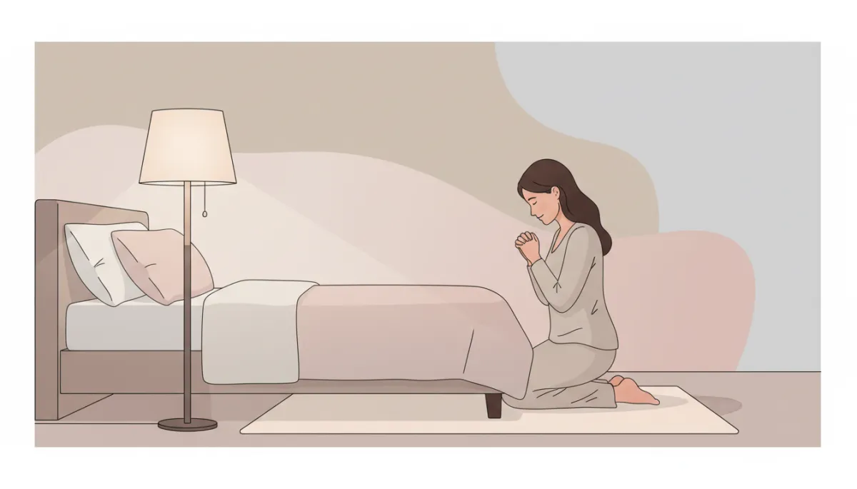 Woman kneeling in prayer beside her bed in soft light Woman kneeling in prayer beside her bed in soft light