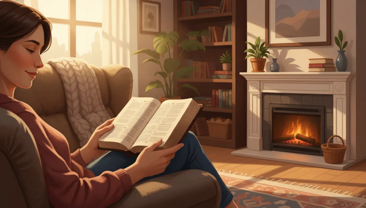 A humanistic photograph of a person seated comfortably in a cozy living room, gently holding an open Bible in their hands. The person's face shows peaceful contemplation, and the setting feels inviting and relatable, emphasizing authentic spiritual practice. A humanistic photograph of a person seated comfortably in a cozy living room, gently holding an open Bible in their hands. The person's face shows peaceful contemplation, and the setting feels inviting and relatable, emphasizing authentic spiritual practice.