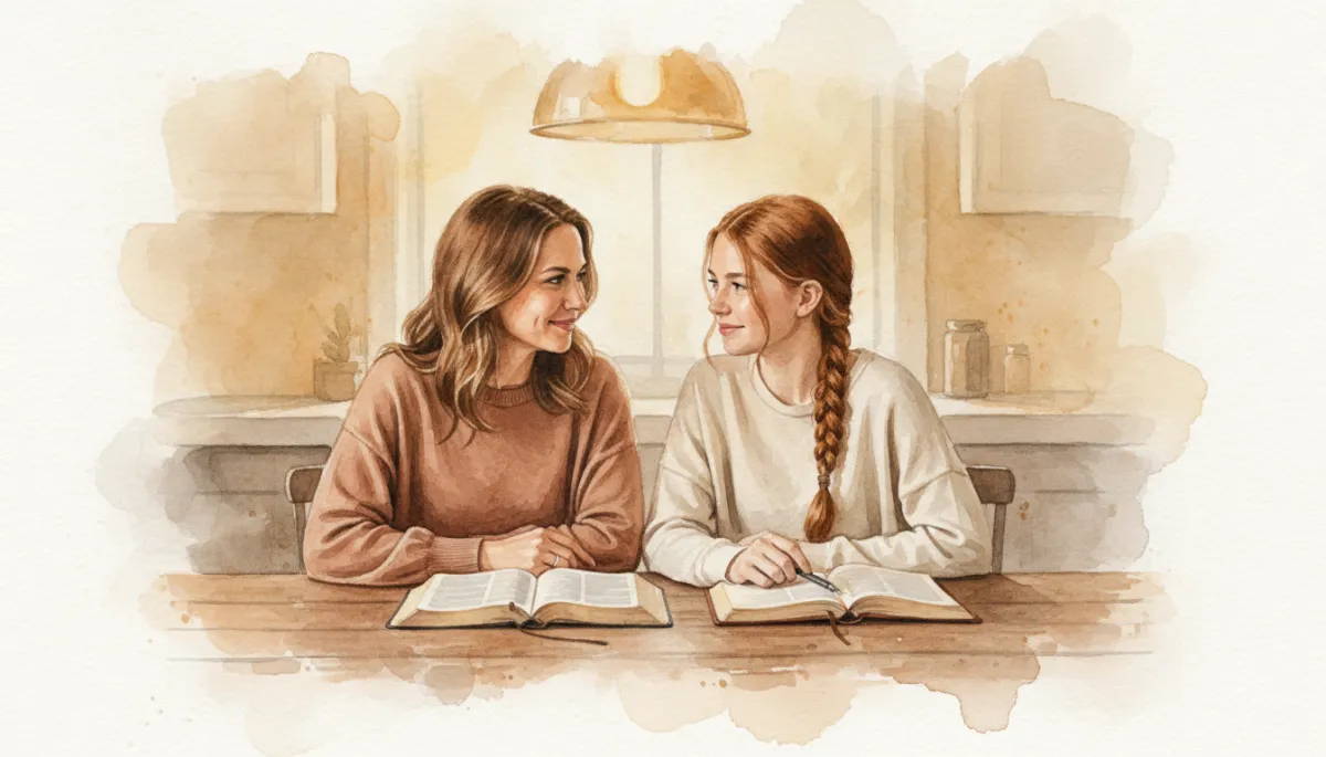 Stepmom and teenage stepdaughter reading and talking together with an open Bible Stepmom and teenage stepdaughter reading and talking together with an open Bible
