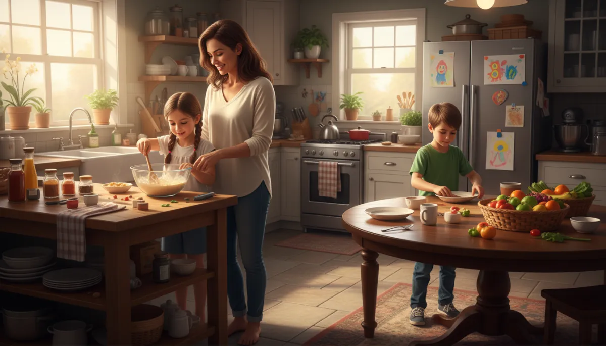 A photorealistic, high-quality image of a mother with two daughters and one son in a bright, lived-in kitchen. The mother stands at the kitchen counter, gently guiding her children as they prepare a simple meal together. One daughter, around 10 years old, stirs a bowl while the younger daughter, about 7, watches attentively. The son, about 12, helps organize ingredients and sets plates on the table. The kitchen shows everyday life—slightly cluttered counters, a dish towel draped over the sink, and kids’ artwork pinned to the fridge. Warm morning light filters through a window, creating a hopeful, authentic atmosphere. The family members’ expressions reflect a mix of concentration, joy, and gentle connection, capturing the theme of spiritual growth and finding meaning in ordinary, sometimes messy, moments. A photorealistic, high-quality image of a mother with two daughters and one son in a bright, lived-in kitchen. The mother stands at the kitchen counter, gently guiding her children as they prepare a simple meal together. One daughter, around 10 years old, stirs a bowl while the younger daughter, about 7, watches attentively. The son, about 12, helps organize ingredients and sets plates on the table. The kitchen shows everyday life—slightly cluttered counters, a dish towel draped over the sink, and kids’ artwork pinned to the fridge. Warm morning light filters through a window, creating a hopeful, authentic atmosphere. The family members’ expressions reflect a mix of concentration, joy, and gentle connection, capturing the theme of spiritual growth and finding meaning in ordinary, sometimes messy, moments.