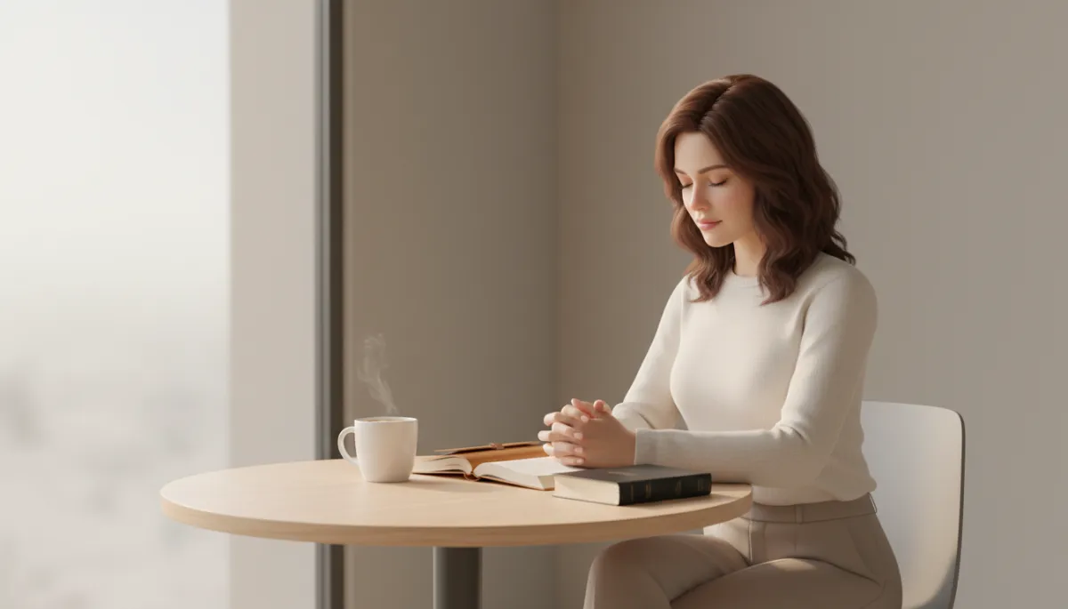Woman in ministry pausing with Bible and journal in quiet reflection Woman in ministry pausing with Bible and journal in quiet reflection