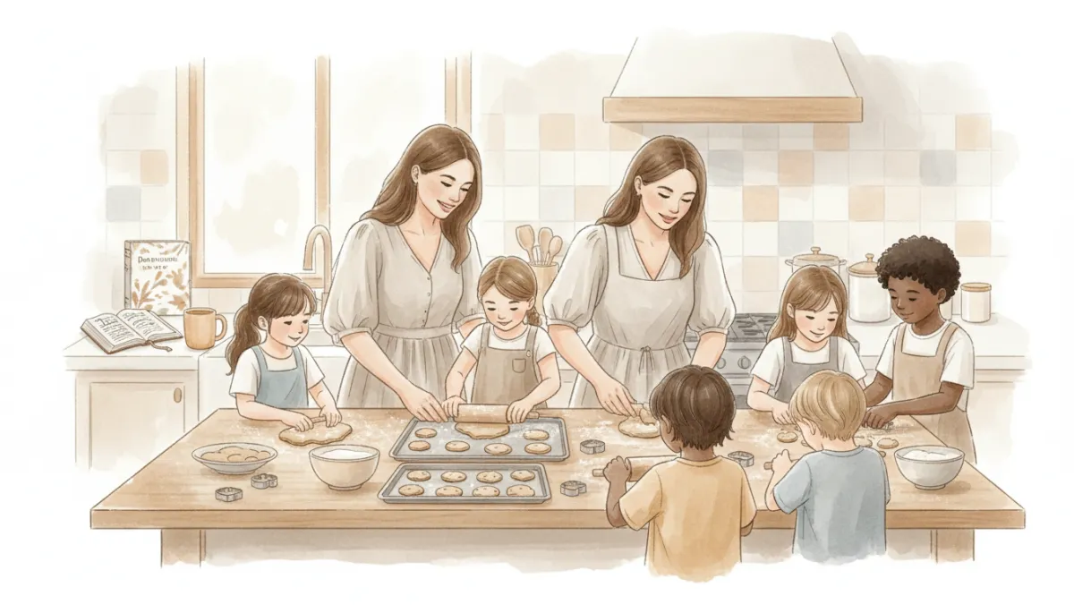 Blended family baking together in a calm kitchen with a Bible nearby