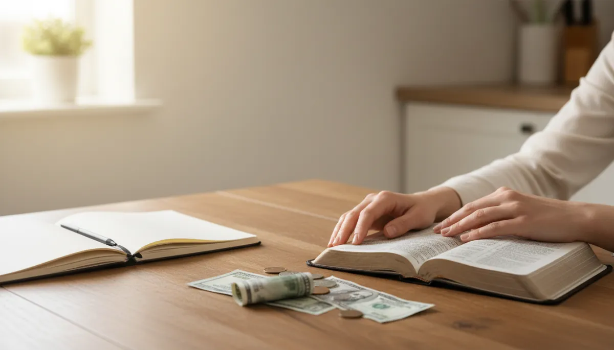 Hands resting near bills and an open Bible on a kitchen table
