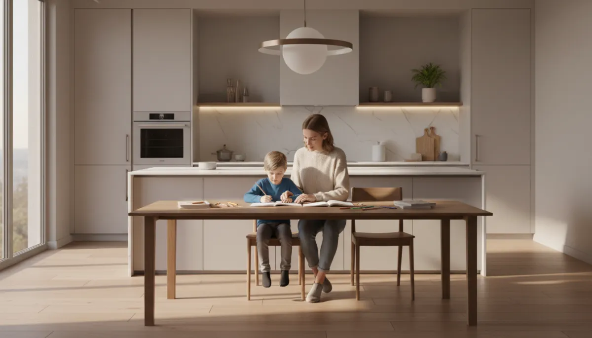 Woman helping a child with homework in a calm, neutral kitchen
