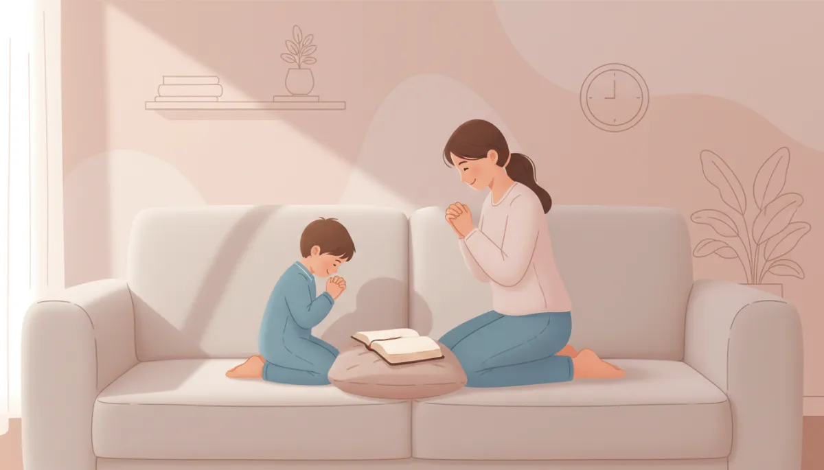 Mother and child praying together with an open Bible Mother and child praying together with an open Bible
