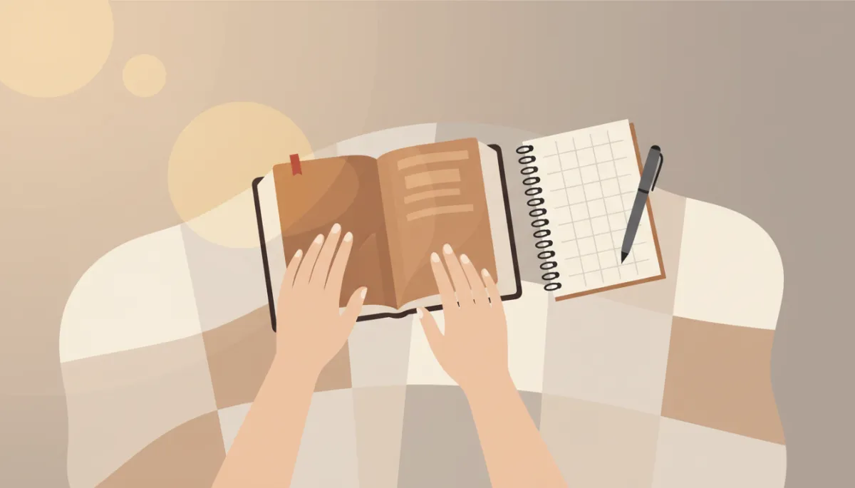 Hands resting on an open Bible and journal during a quiet reflective moment