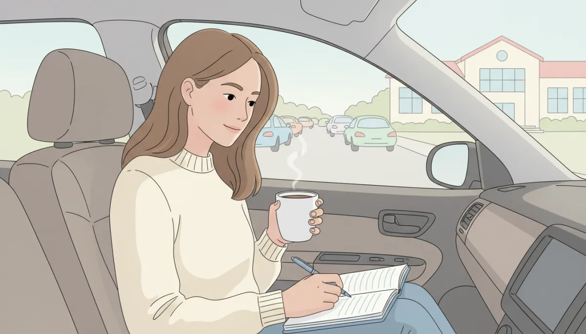 Mother journaling and praying while waiting in the school car line Mother journaling and praying while waiting in the school car line