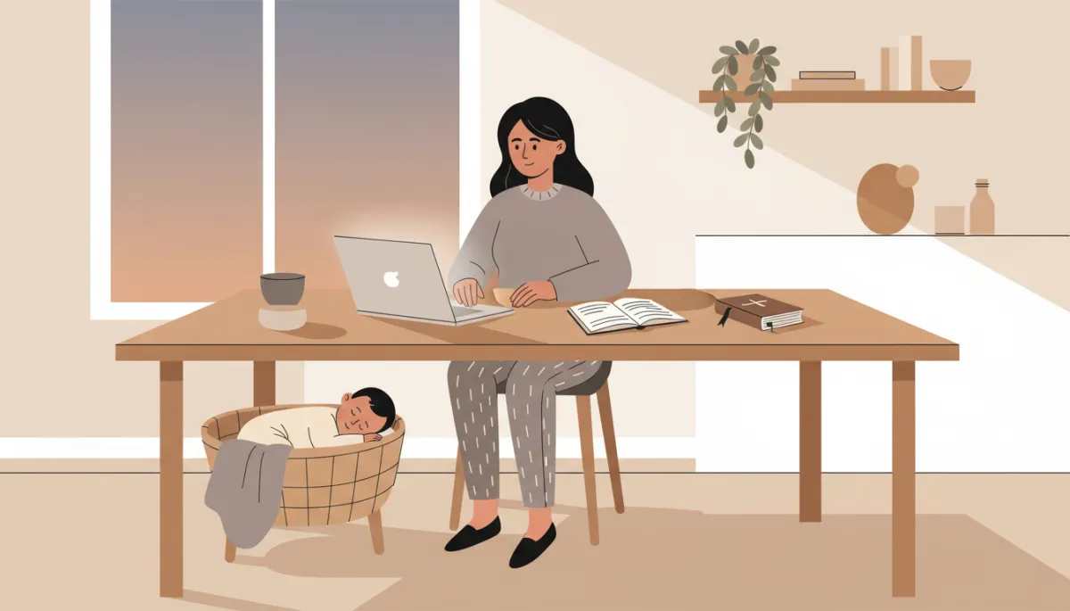 Woman entrepreneur working at a kitchen table with a sleeping baby nearby Woman entrepreneur working at a kitchen table with a sleeping baby nearby