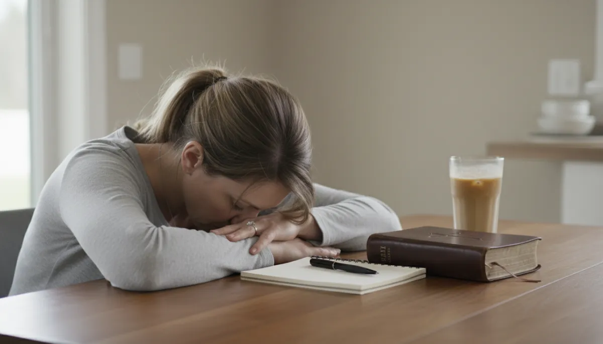 Tired Christian mother pausing at the table with Bible and journal