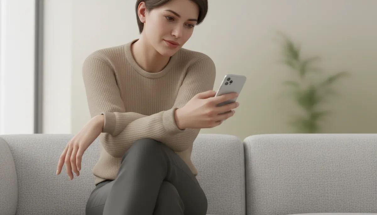 Professional neutral-toned scene of a person holding a phone and sitting in quiet reflection Professional neutral-toned scene of a person holding a phone and sitting in quiet reflection