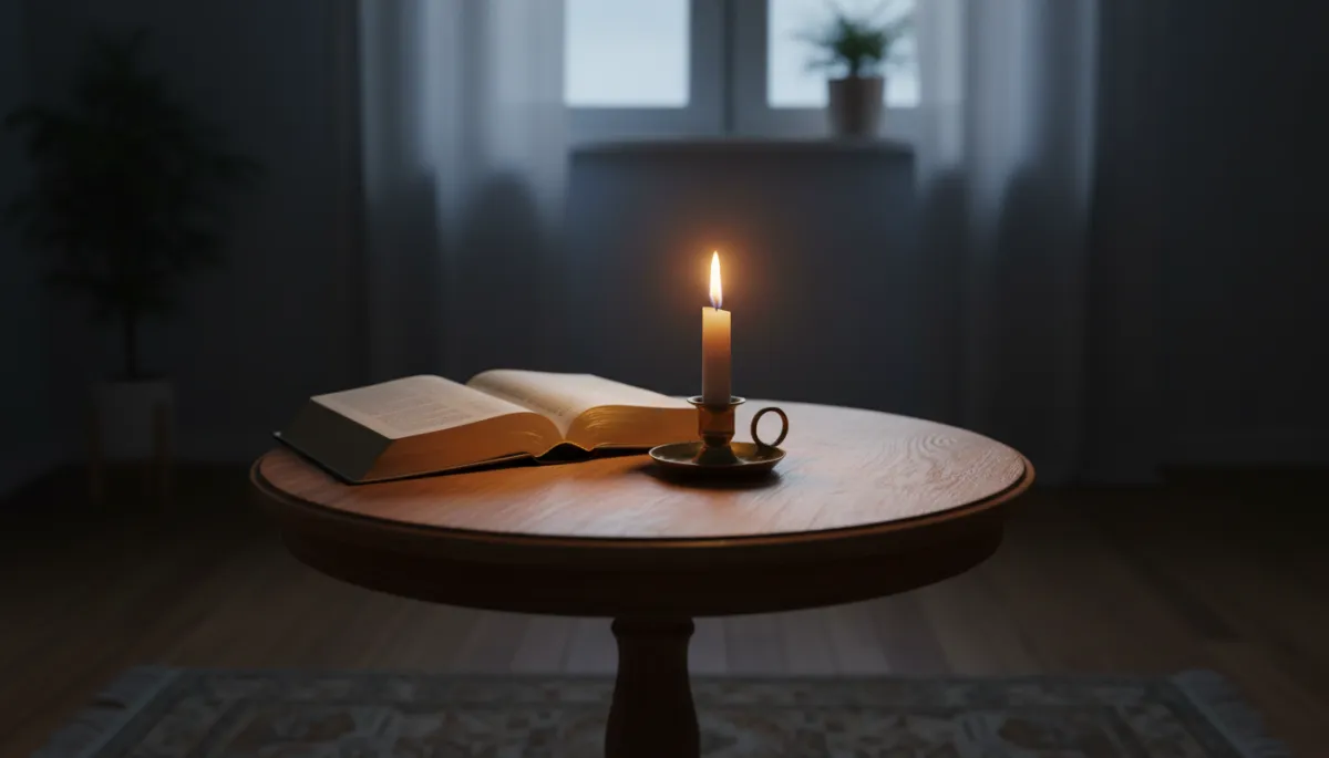 A photorealistic scene of a small wooden table softly illuminated by the warm glow of a single candle, casting gentle shadows in a dimly lit, peaceful room. An open Bible rests on the table, its pages slightly curved, with delicate highlights catching the edges of the text. The atmosphere is serene and contemplative, evoking a sense of quiet reflection and solace. Subtle background elements, such as a blurred window or gentle drapes, add to the tranquil mood, emphasizing themes of comfort and seeking God in moments of grief. The overall composition is inviting and intimate, suitable for a professional blog discussing faith during times of silence and loss. A photorealistic scene of a small wooden table softly illuminated by the warm glow of a single candle, casting gentle shadows in a dimly lit, peaceful room. An open Bible rests on the table, its pages slightly curved, with delicate highlights catching the edges of the text. The atmosphere is serene and contemplative, evoking a sense of quiet reflection and solace. Subtle background elements, such as a blurred window or gentle drapes, add to the tranquil mood, emphasizing themes of comfort and seeking God in moments of grief. The overall composition is inviting and intimate, suitable for a professional blog discussing faith during times of silence and loss.