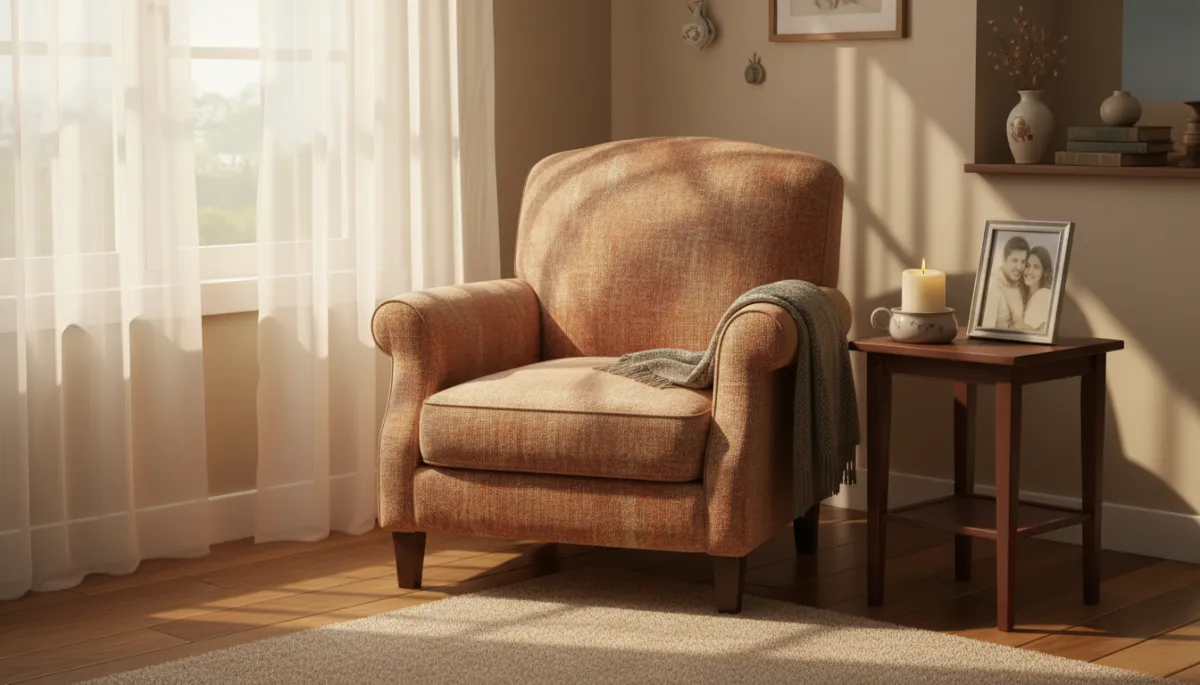 A photorealistic, softly lit living room corner featuring a single empty armchair upholstered in warm fabric, positioned near a small wooden side table. On the table, an unlit candle and a framed photograph evoke a sense of remembrance and longing. Subtle sunlight filters through sheer curtains, casting gentle shadows across the scene. The setting is tidy and serene, with muted, comforting colors and tasteful décor, creating a peaceful but poignant atmosphere that symbolizes loss and enduring love. A photorealistic, softly lit living room corner featuring a single empty armchair upholstered in warm fabric, positioned near a small wooden side table. On the table, an unlit candle and a framed photograph evoke a sense of remembrance and longing. Subtle sunlight filters through sheer curtains, casting gentle shadows across the scene. The setting is tidy and serene, with muted, comforting colors and tasteful décor, creating a peaceful but poignant atmosphere that symbolizes loss and enduring love.