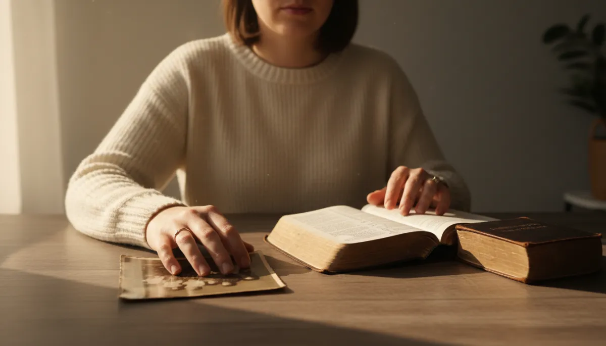 Person reflecting over an old photograph and an open Bible Person reflecting over an old photograph and an open Bible