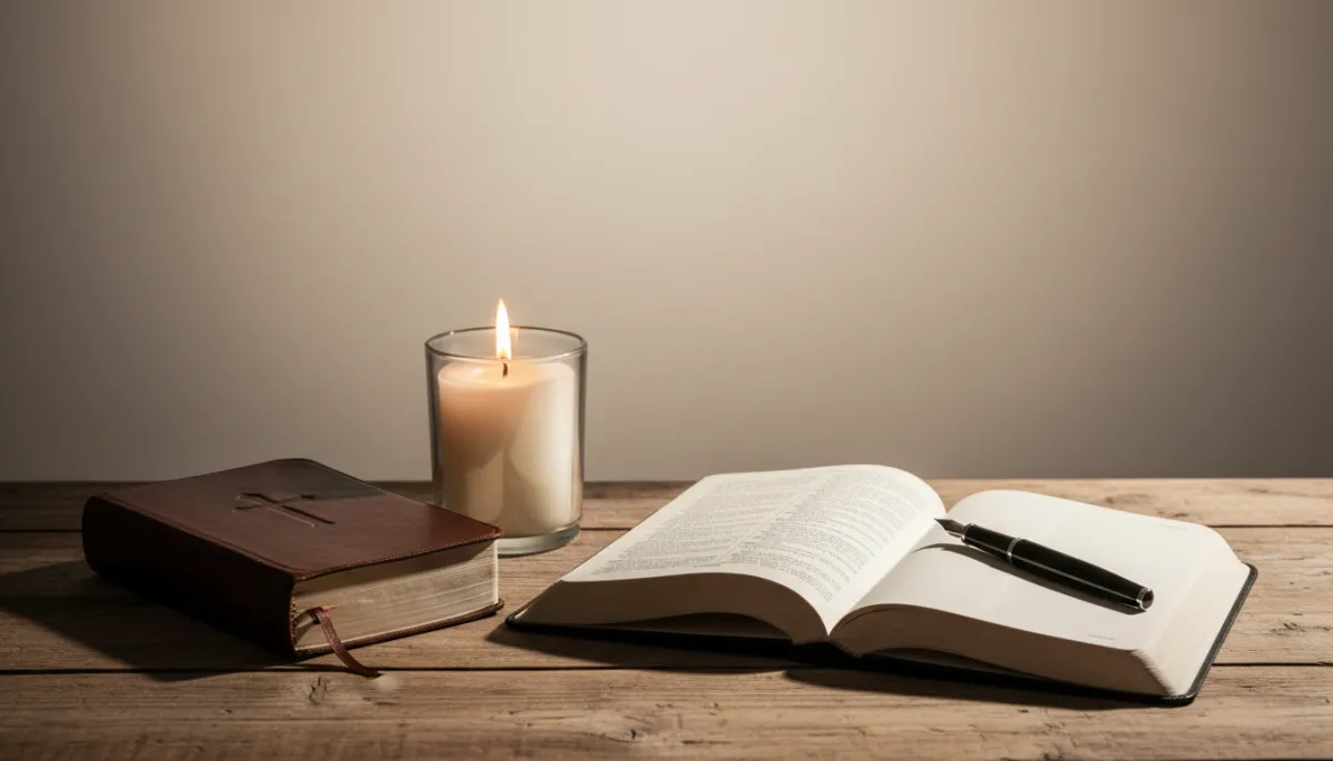 Open journal and Bible on a table creating a quiet space with God Open journal and Bible on a table creating a quiet space with God
