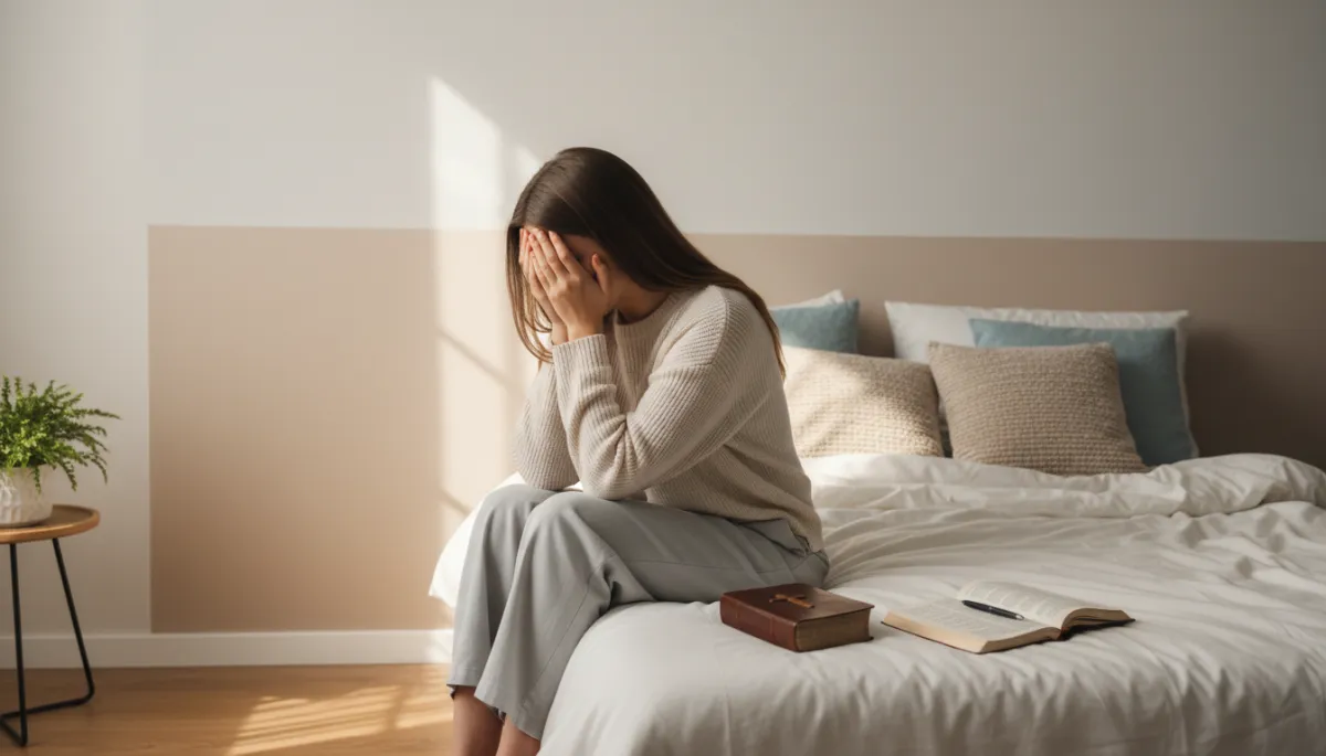 A photorealistic image of a young woman sitting alone on the edge of a neatly made bed in a softly lit, minimalist bedroom. She is modestly dressed in comfortable, neutral-toned clothing, with her hands covering her face in a gesture of deep emotion, conveying guilt and sorrow. Gentle morning light streams in through a nearby window, casting soft, natural shadows across the room. Next to her on the bed, a well-worn Bible and an open journal with a pen rest, symbolizing her search for grace and healing through faith. The overall mood is somber yet hopeful, with a sense of quiet introspection, visually expressing the emotional weight of grief and the possibility of finding freedom in God’s grace. A photorealistic image of a young woman sitting alone on the edge of a neatly made bed in a softly lit, minimalist bedroom. She is modestly dressed in comfortable, neutral-toned clothing, with her hands covering her face in a gesture of deep emotion, conveying guilt and sorrow. Gentle morning light streams in through a nearby window, casting soft, natural shadows across the room. Next to her on the bed, a well-worn Bible and an open journal with a pen rest, symbolizing her search for grace and healing through faith. The overall mood is somber yet hopeful, with a sense of quiet introspection, visually expressing the emotional weight of grief and the possibility of finding freedom in God’s grace.