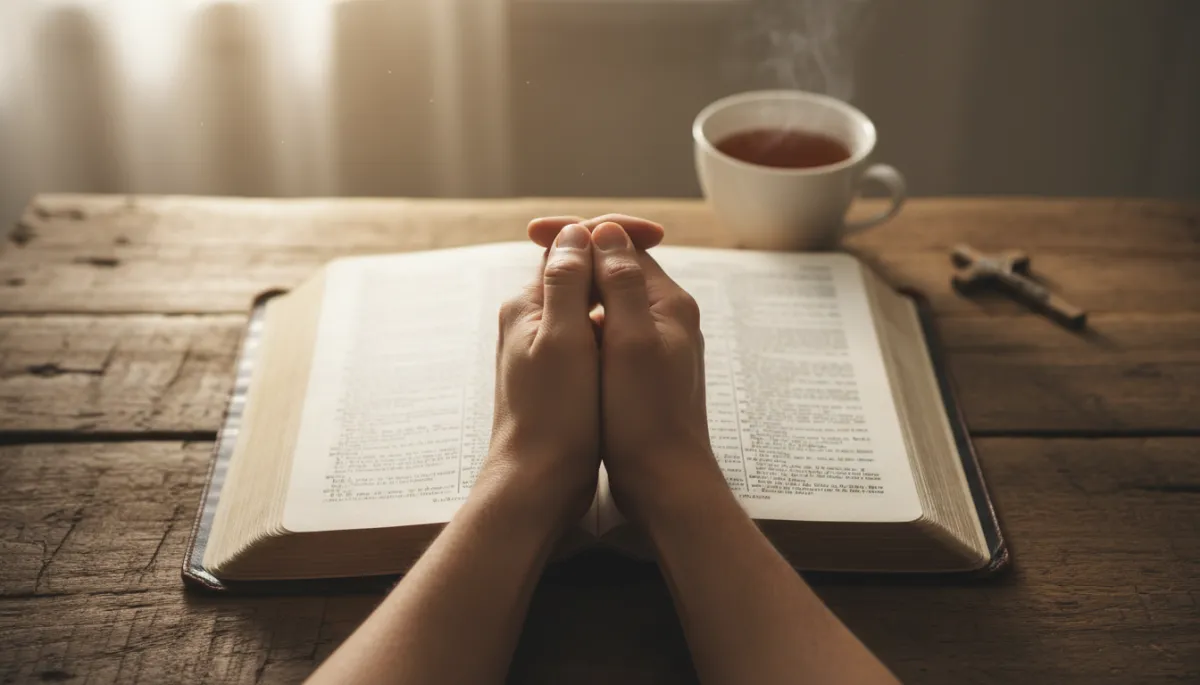 Open Bible and journal on a wooden table with a hand resting near Psalm 13 Open Bible and journal on a wooden table with a hand resting near Psalm 13