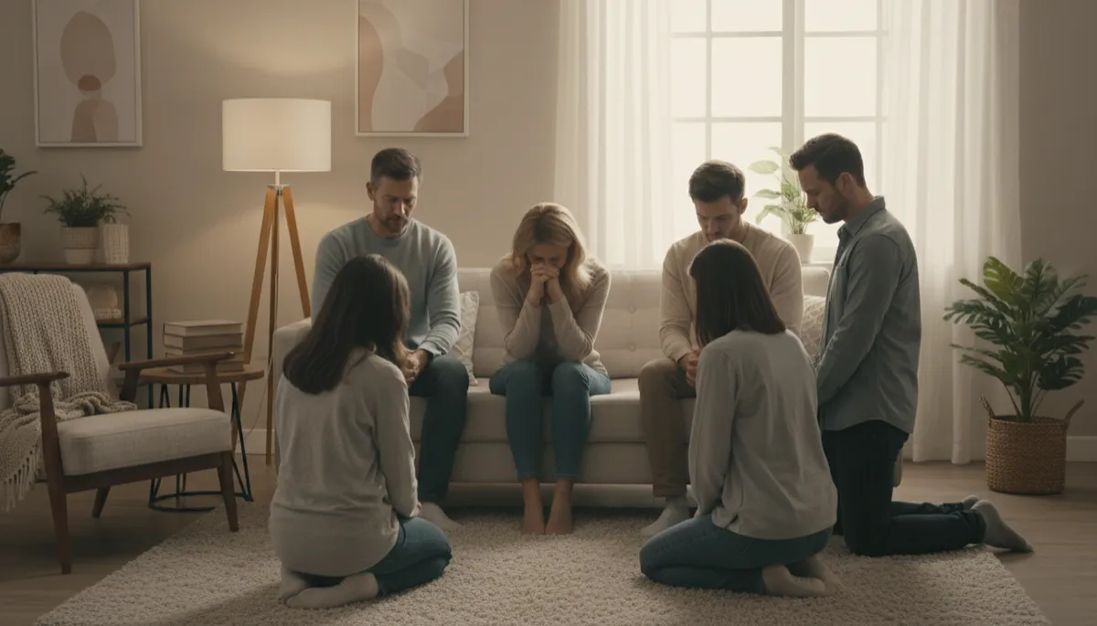 A small Christian group praying together to support a grieving friend A small Christian group praying together to support a grieving friend