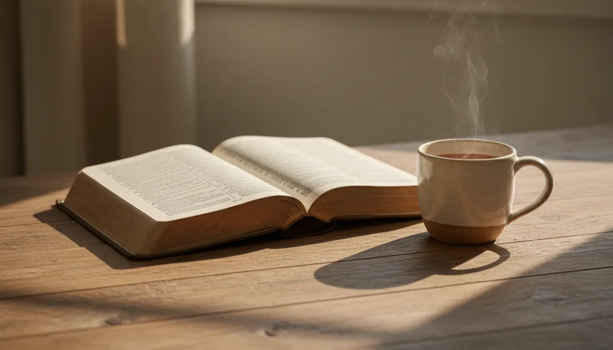 Open Bible and mug of tea on a wooden table in soft morning light