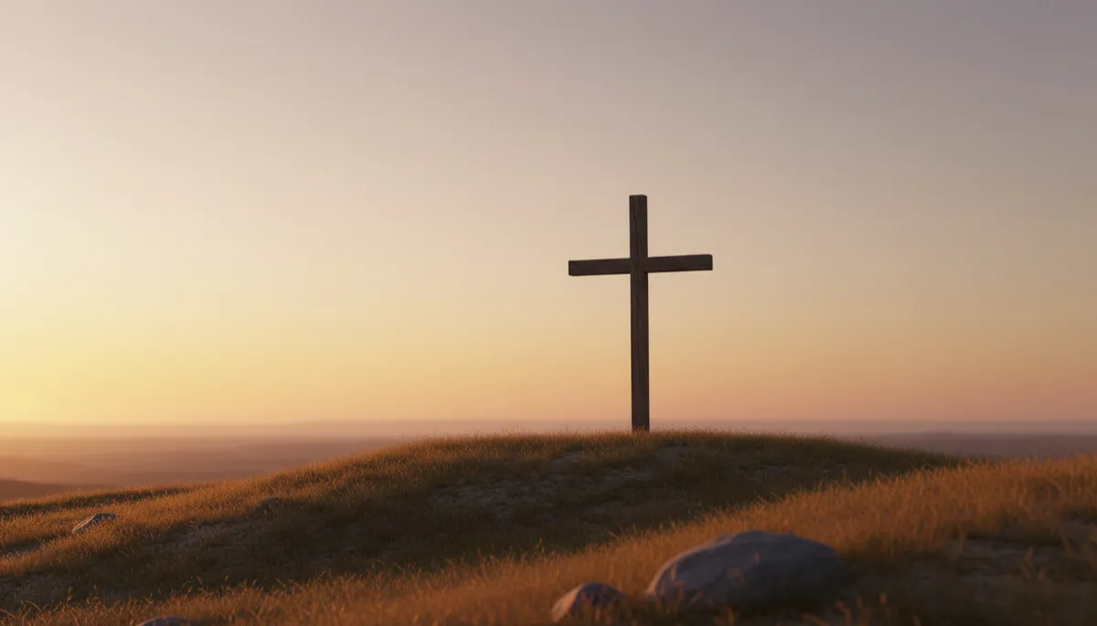 Wooden cross on a hill at sunset, symbolizing Christ’s suffering and faithful love Wooden cross on a hill at sunset, symbolizing Christ’s suffering and faithful love
