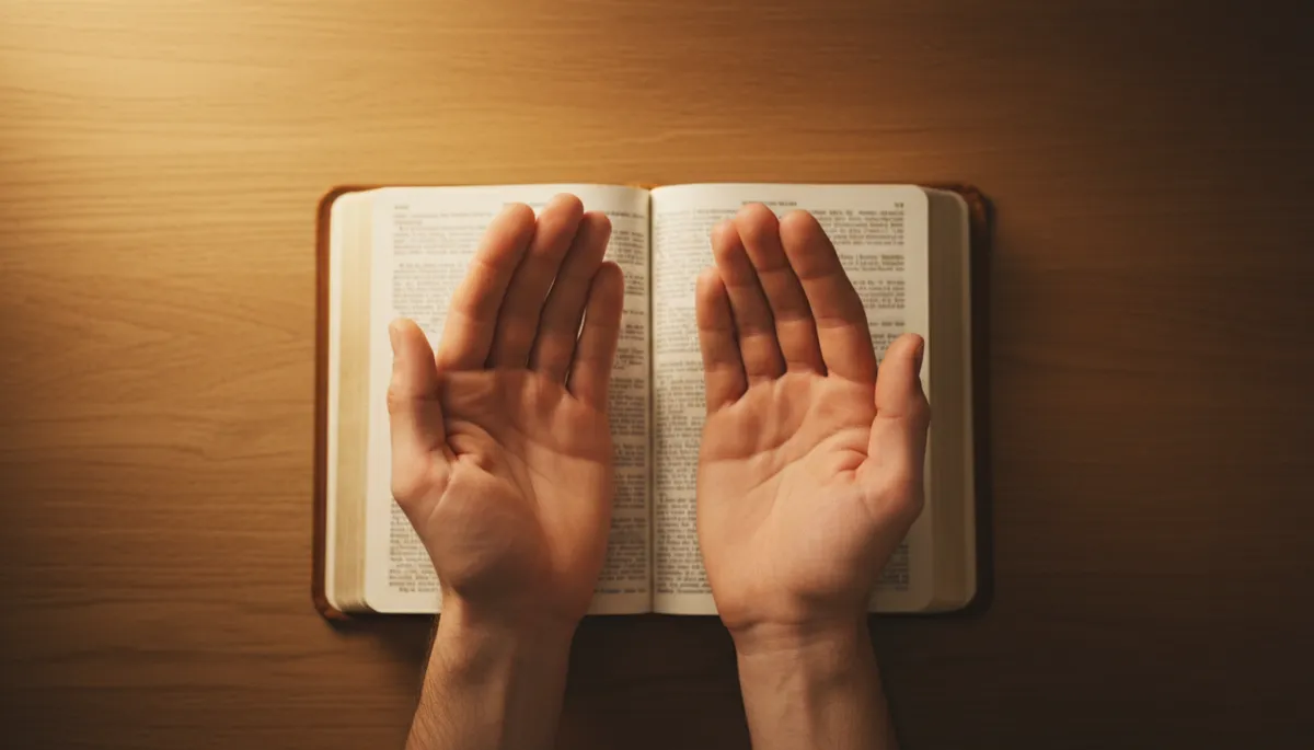 Hands holding a small cross and tissue over an open Bible, symbolizing comfort in grief Hands holding a small cross and tissue over an open Bible, symbolizing comfort in grief