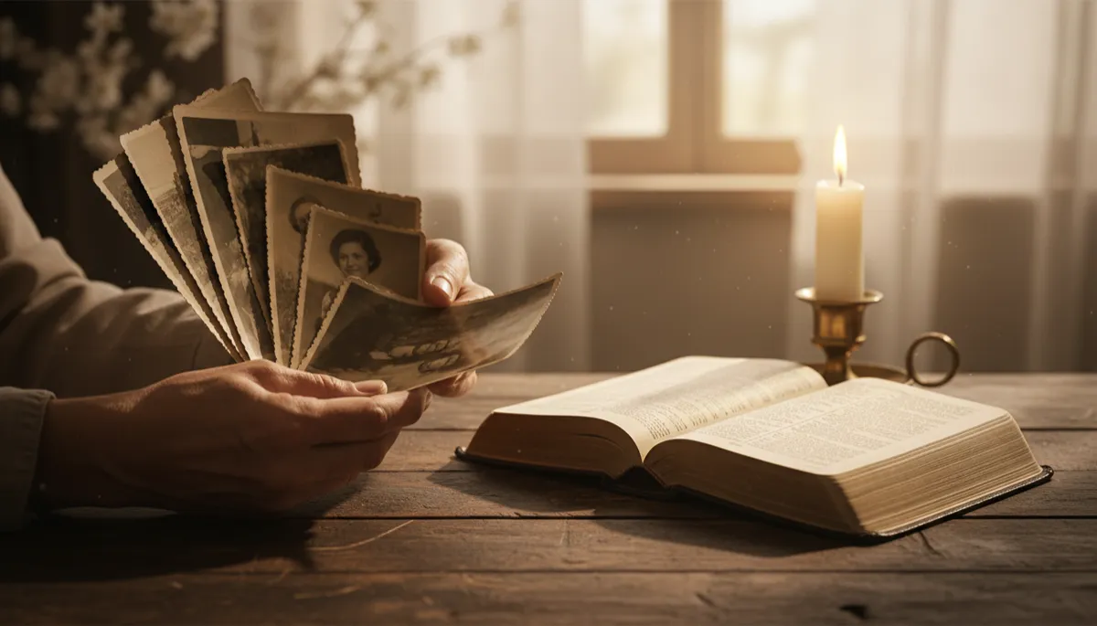 A photorealistic image of a pair of gentle hands holding faded, cherished photographs over a wooden table. Beside the hands rests an open, well-worn Bible with a softly glowing candle nearby, its warm light casting gentle shadows. The scene is intimate and serene, evoking a sense of quiet reflection, love, and loss. Natural light filters through the background, enhancing the authenticity and emotional depth of the moment. The overall mood is tender and contemplative, visually expressing the intersection of grief and love in a professional, heartfelt manner.