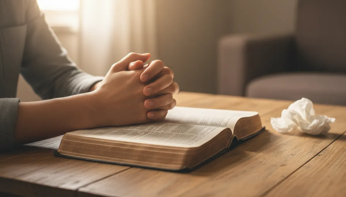 A photorealistic, high-resolution image of a person's hands gently clasped in prayer over an open, well-used Bible resting on a wooden table. Next to the Bible lies a slightly crumpled tissue, suggesting recent tears. Soft, natural light streams in from a window, creating a warm, comforting atmosphere. The background is softly blurred, focusing attention on the hands, Bible, and tissue, evoking a sense of vulnerability, faith, and quiet hope. The overall scene should feel intimate and authentic, suitable for a reflective Christian blog post.
