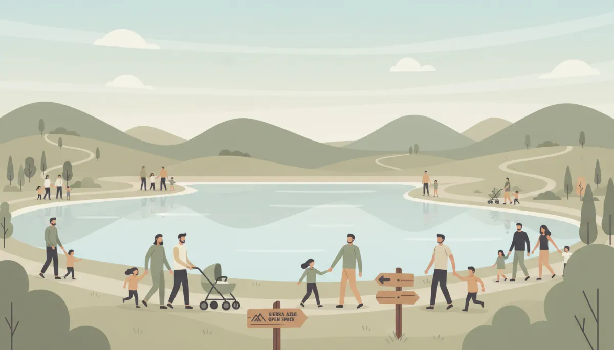 Illustrated families enjoying Almaden Lake Park with nearby hills and trails