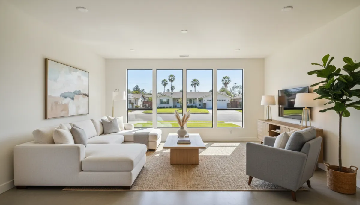 Photorealistic staged living room in a modern San Jose home