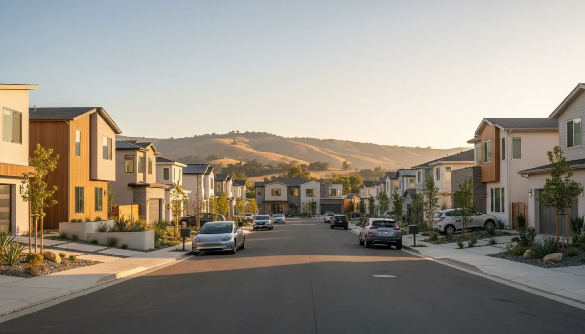 Street-level view of modern single family homes in a San Jose neighborhood