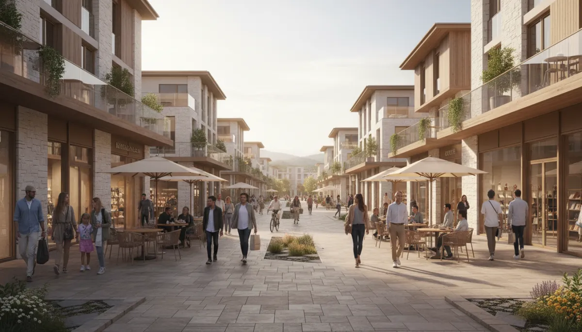 Photorealistic village center with shops, outdoor seating, and modern condos above