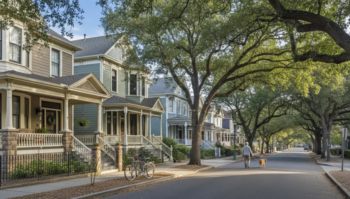 Tree-lined residential street with historic Victorian and Craftsman homes in the Old Quad Santa Clara